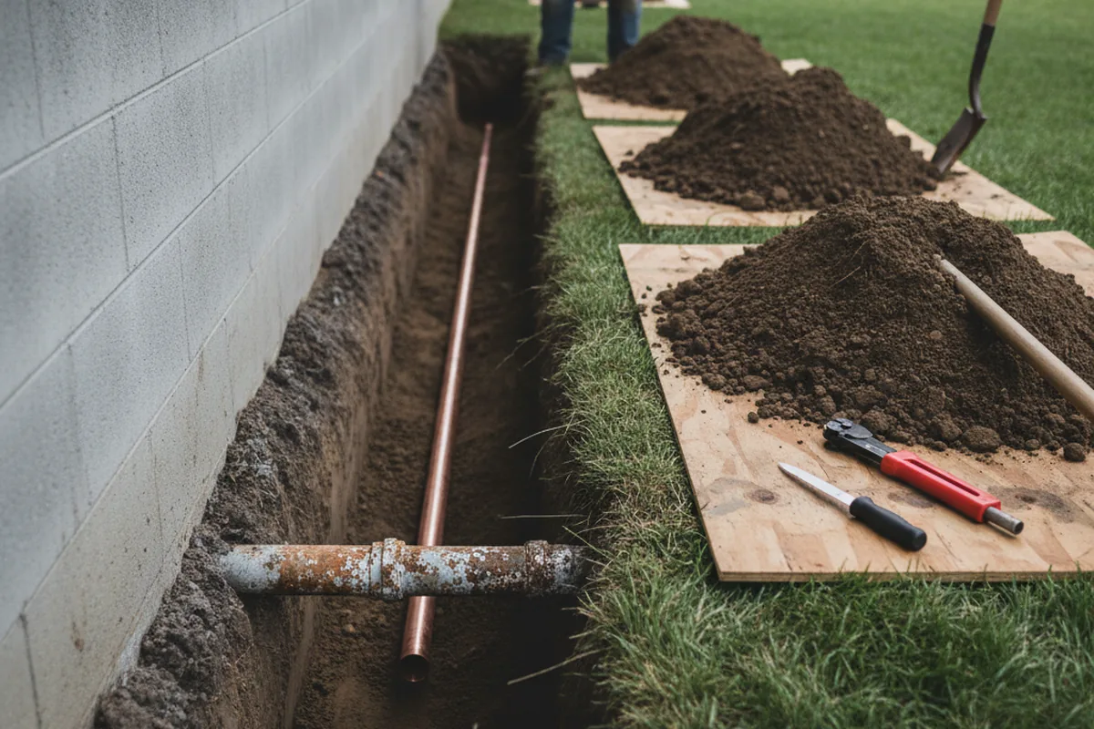 Excavated water line trench during Sewer Line Repair in North Canton